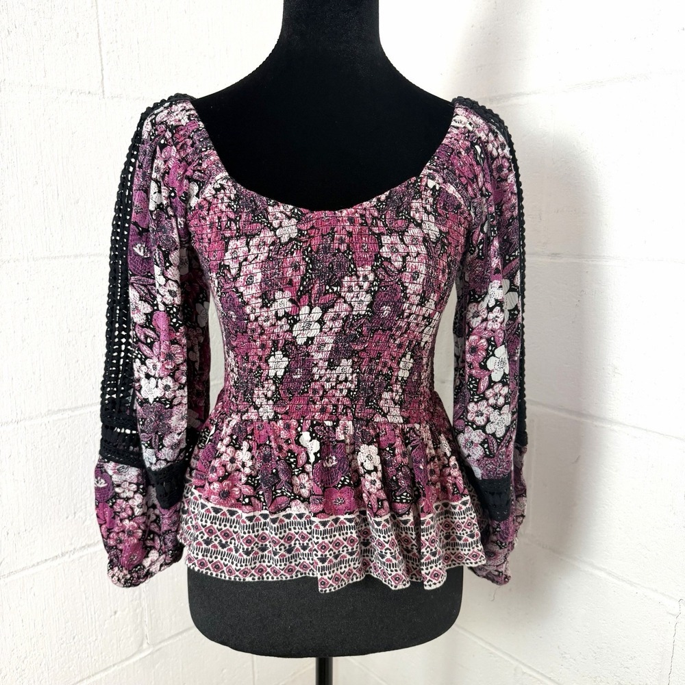 Angie Floral‎ Peplum Top Y2K Smocked Crochet Balloon Sleeves Whimsigoth Gypsy S